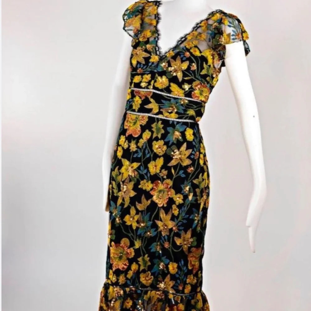 Marchesa Black Floral Embroidered Midi Dress - Picture 2 of 6